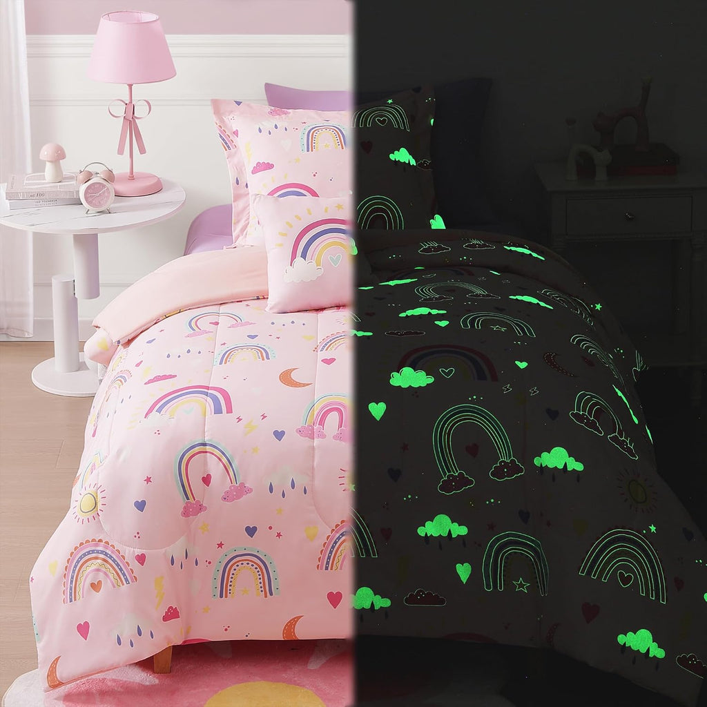Glow in The Dark Twin Comforter Set for Girls, Pink Rainbow Bedding Set for Kids 1 Comforter, 1 Decor Pillow, 1