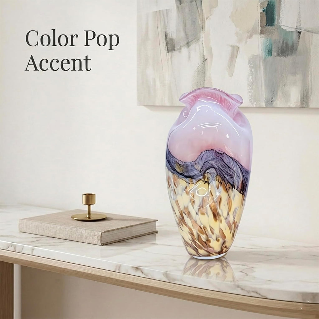 Murano Style Glass Vase, Hand Blown Decorative Art Vase with Ruffled Opening for Flowers, Shelf Tabletop Mantel