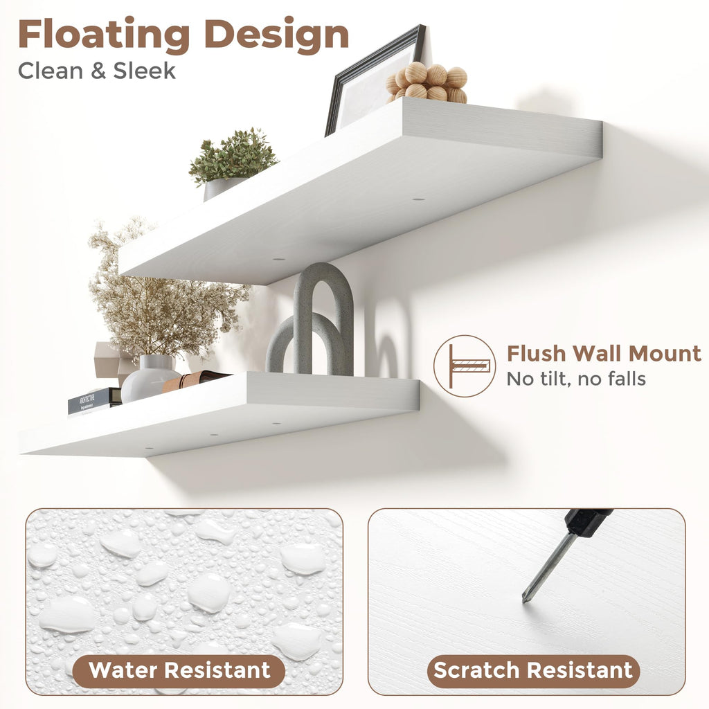 40 Inch Floating Shelves, 9"Deep Wall Shelf, 60 Lbs Capacity, White, 2pcs