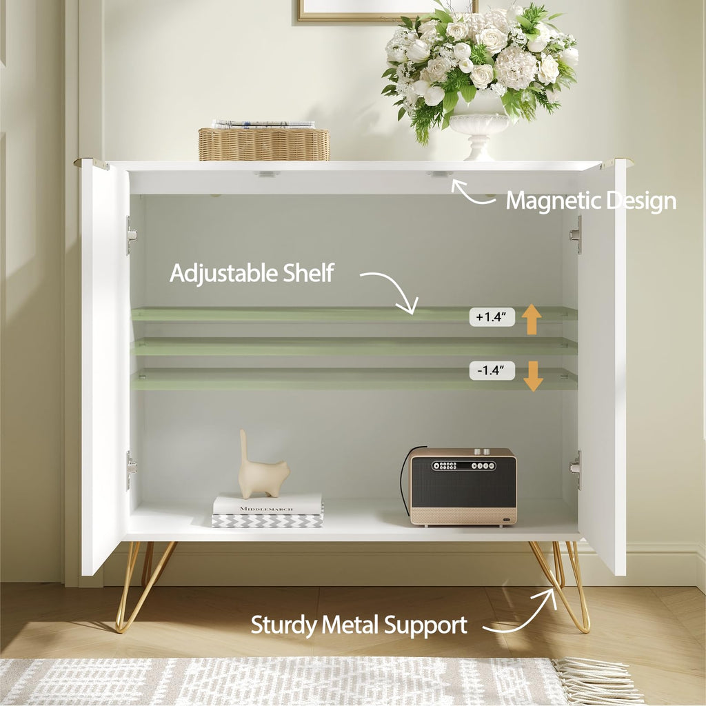 Storage Cabinet with 2 Fluted Doors and Adjustable Shelves, White, 2pcs丨Modern Wood Accent Table, Sideboard Buffet