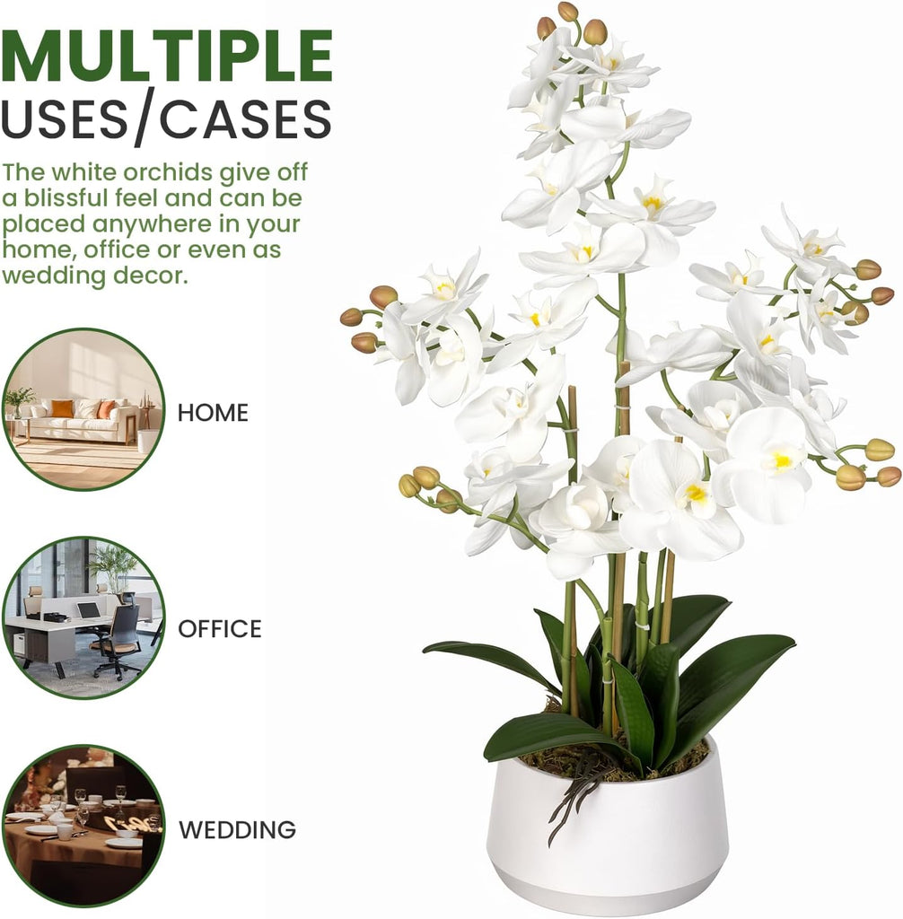Artificial Orchid Flower Potted,1.5FT White Real Touch Orchid Artificial Flowers with 3 Stems Artificial Phalaenopsis