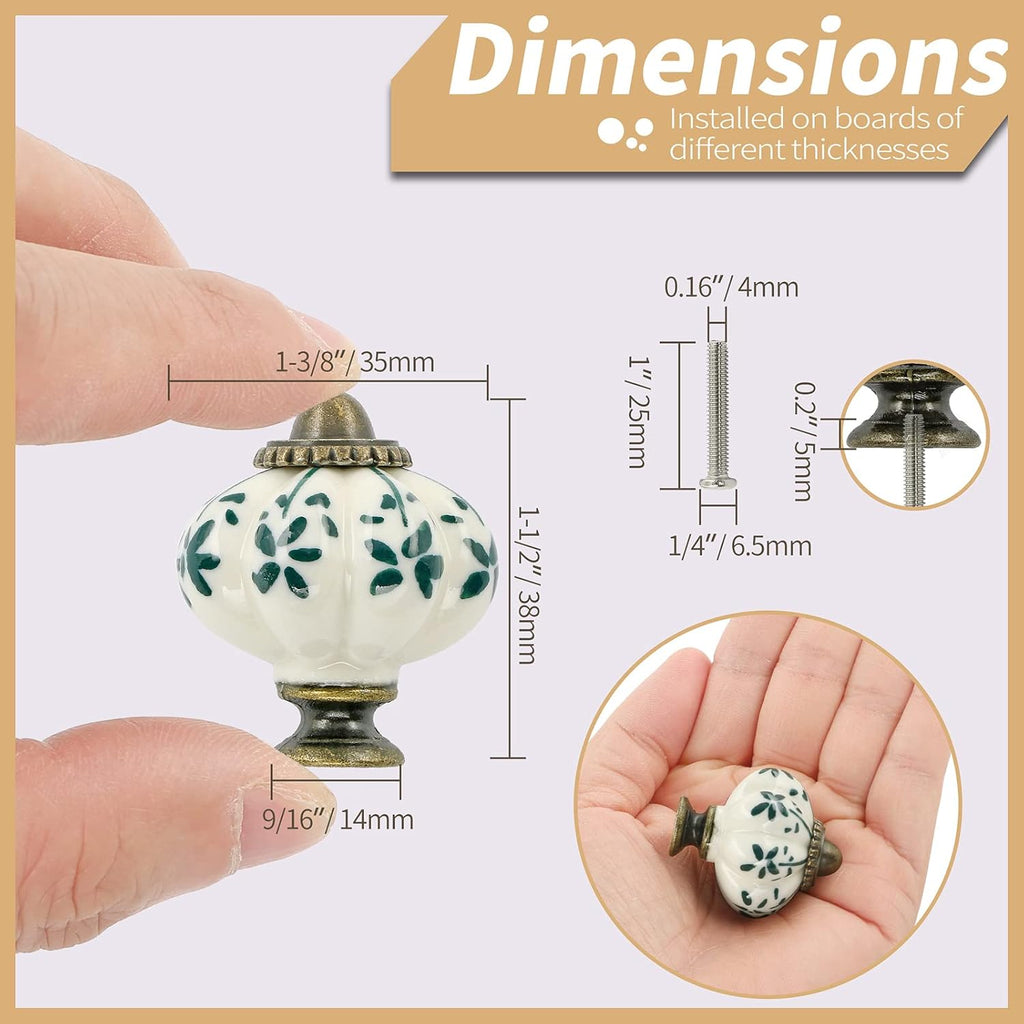 Ivory & Green Pumpkin Knobs 12 Pack Ceramic Cabinet Knobs Vintage Drawer Pulls - Antique Dresser Pulls with Screws