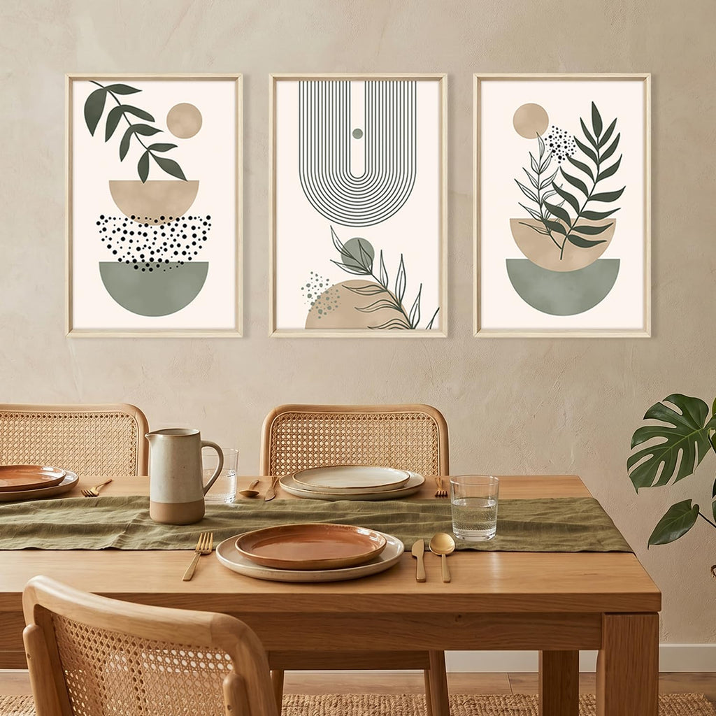 Large Boho Sage Green Framed Canvas Wall Art, Neutral Geometric Line Wall Decor, Minimalist Botanical Leaf Painting