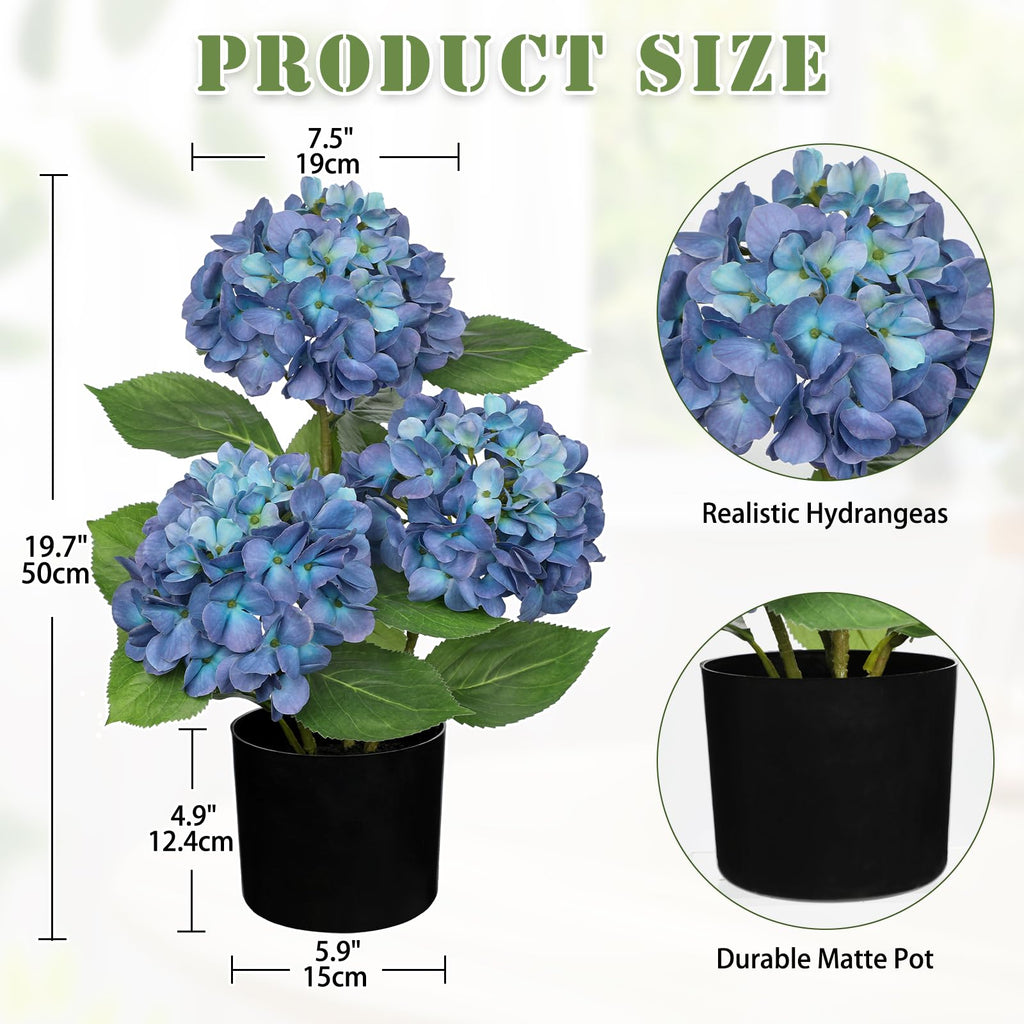 Blue Artificial in Pot Large Silk Three-Head Hydrangeas Fake Arrangements for Indoor Home Office Kitchen Table