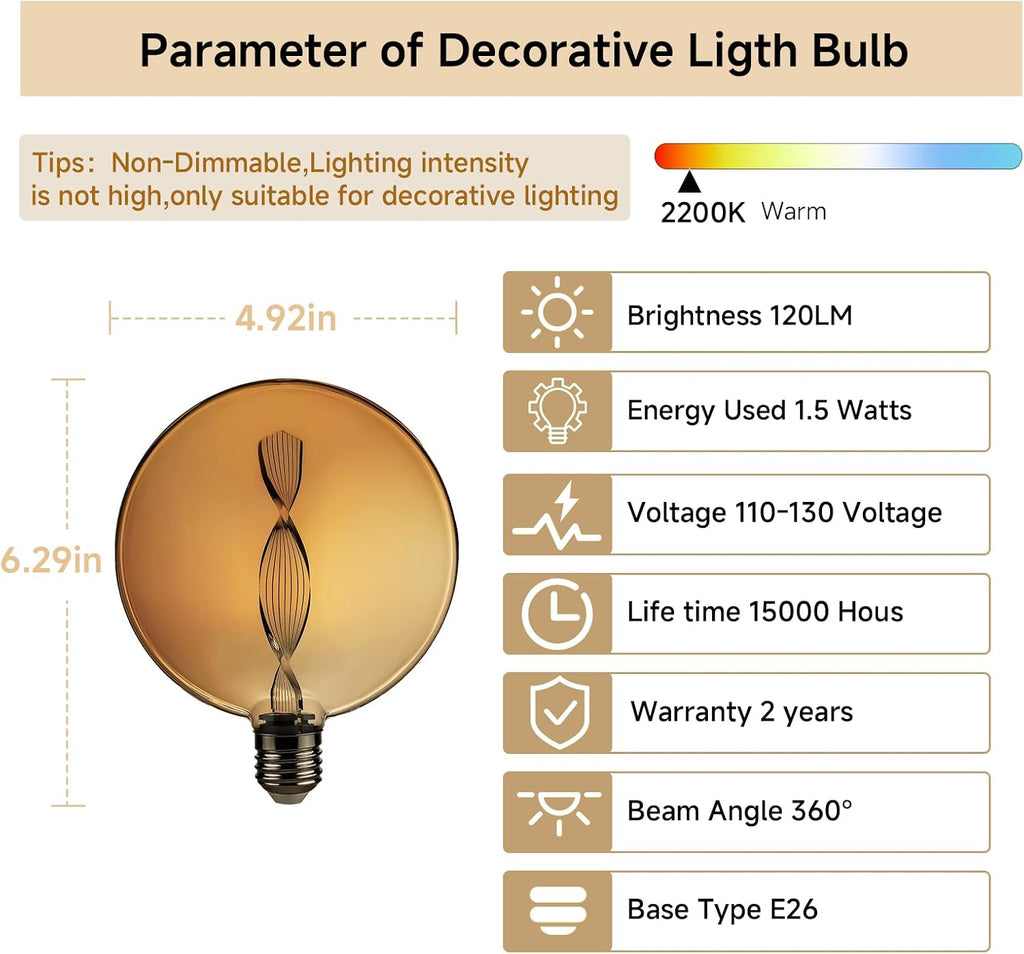 E26 Unique Spiral LED Decorative Bulb Round Amber Glass 1.5W 2200K Warm Non-Dimmable