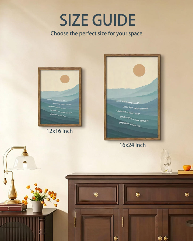 Framed Mindfulness Wall Art, Inhale Exhale Quote Canvas Print Poster, Minimalist Mountain Landscape Painting, Zen