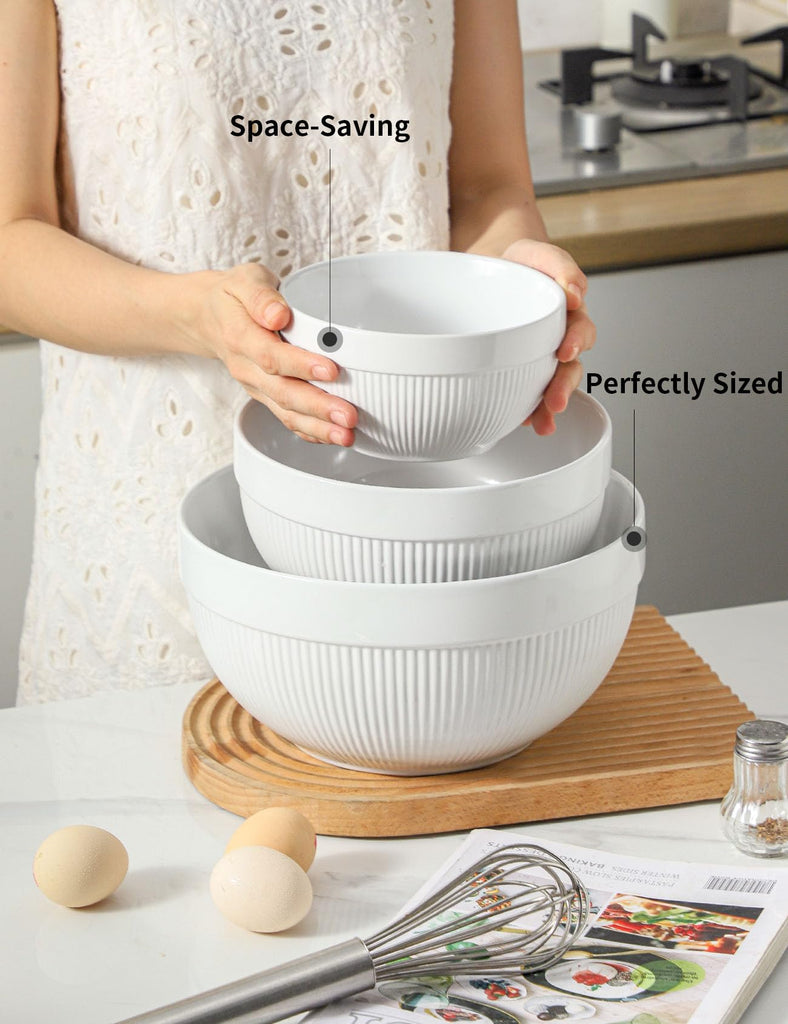 Large Ceramic Mixing Bowls, White Kitchen Bowls (1QT/2.3QT/4.6QT), Set of 3 Nesting Bowls for Baking, Cooking