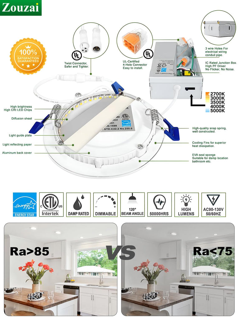 6 Pack 4 Inch LED Recessed Ceiling Light, 810LM, 5CCT, Dimmable