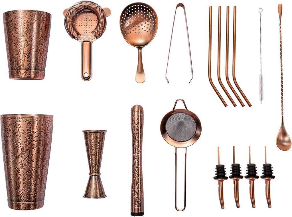 3D Etched 18-Piece Bartender Kit Stainless Steel Boston Cocktail Shaker Set Copper Plated Bartending Tools Suit - Set of 18