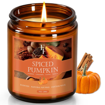 Fall Candle, Spiced Pumpkin Scented Candles, Natural Soy Autumn Candle Aromatherapy Candle, 7 oz Jar Candles Fall