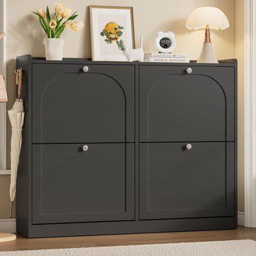 Shoe Cabinet with 4 Flip Drawers & 2 Side Hooks, Black
