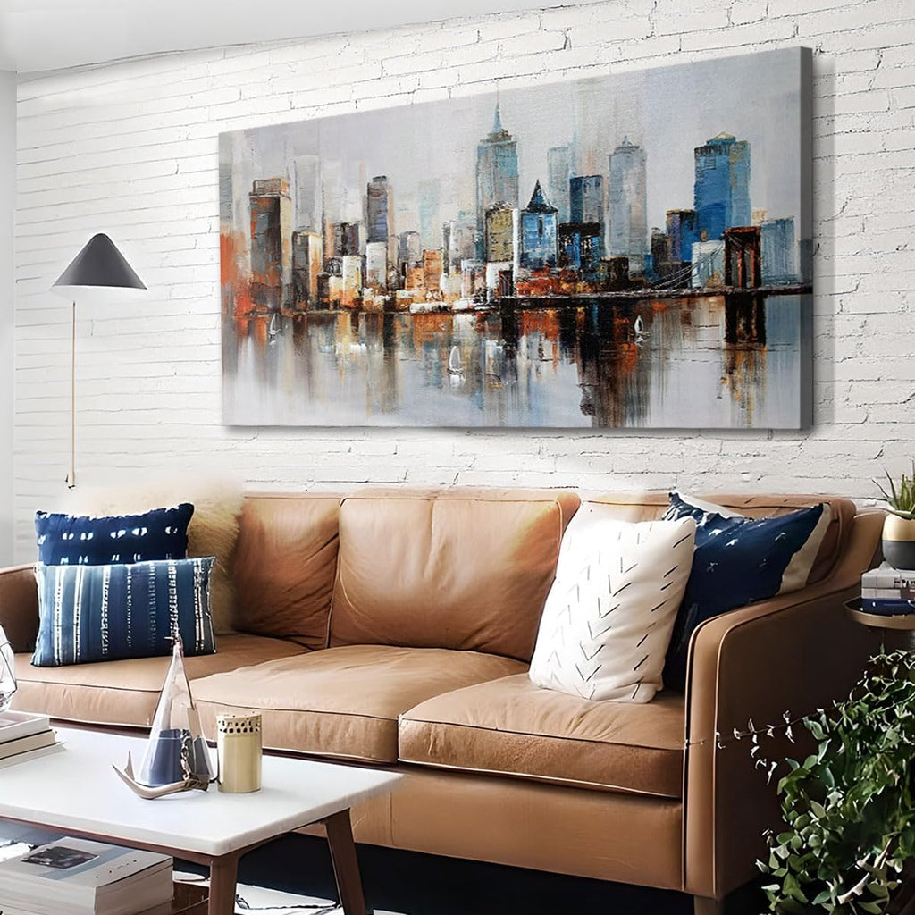 Brooklyn Bridge Wall Art Modern New York City Abstract Canvas Cityscape Painting Large Size Framed, Colorful NYC
