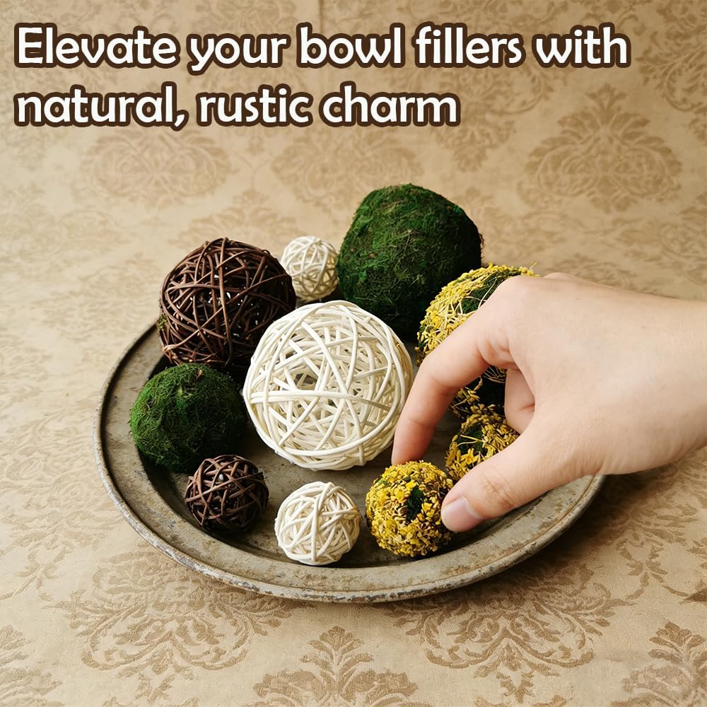 Decorative Balls for Bowls, Mixed Moss Balls, Rattan Wicker Orbs & Dried Floral Sphere Bowl Fillers Decor Table - Set of 18