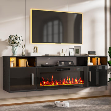 70" Floating TV Stand with Fireplace, Wall Mounted Entertainment Center with Storage for TVs up to 80", Modern Media