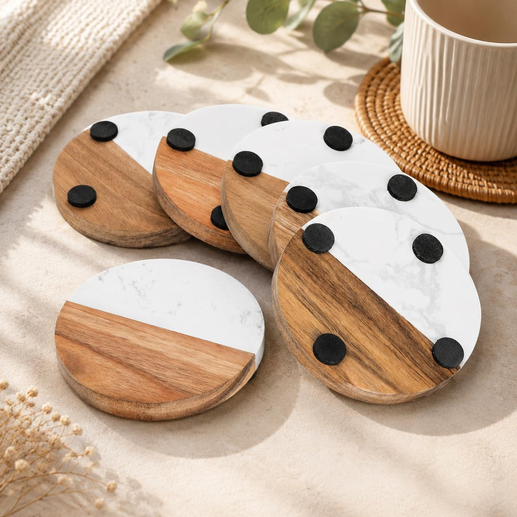 Packs Marble Wood Coasters, Round Coaster, Handcrafted Artificial Marble Coasters Set for Your Drinks - Set of 6