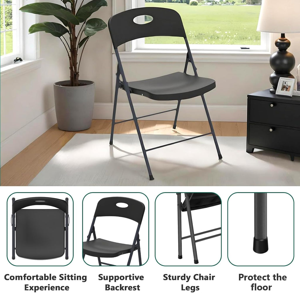 2 Pack Black Folding Chair, Plastic Portable Stackable Commercial Seats with Steel Frame 350lb, Heavy Duty Foldable
