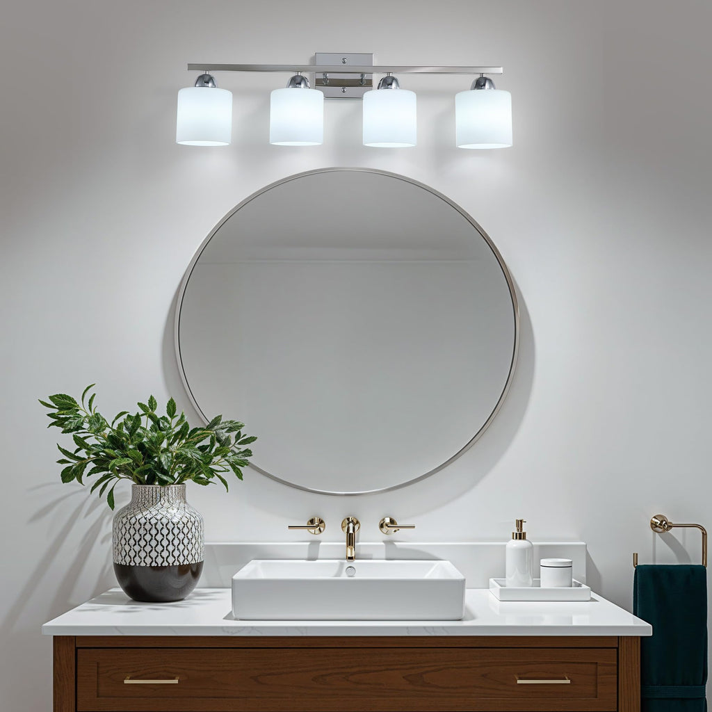 Stainless Steel Milk Glass Vanity Lights, 4 Light Chrome Bathroom Light Fixtures Over Mirror, Ceramic E26 Sockets