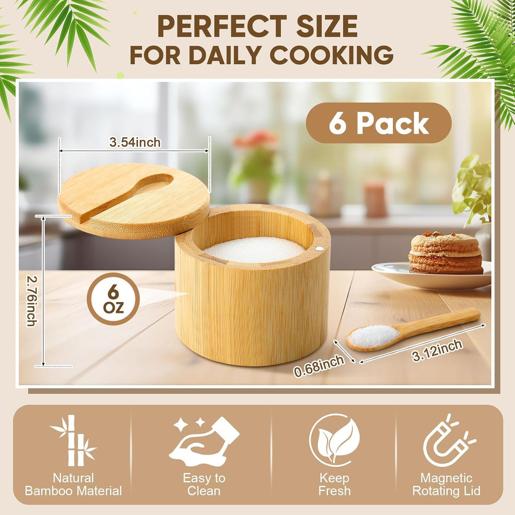 6oz Bamboo Salt Cellar Salt Container with Magnetic Swivel Lid & Spoon Bamboo Storage Box Bowl Elegant Kitchen - Set of 6