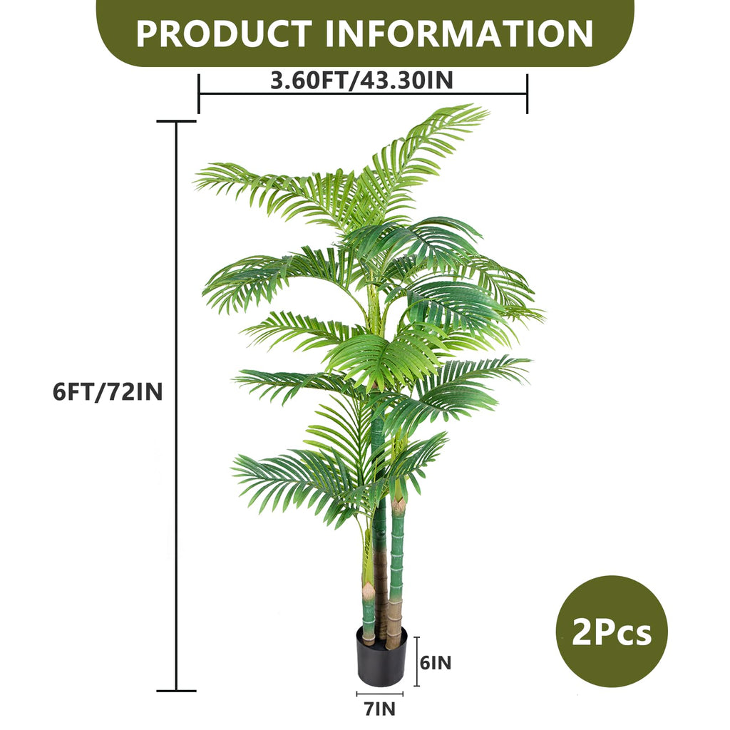 Fake Palm Trees 6FT 2pcs, Artificial Golden Cane Palm Tree 72IN, Green Large Tropical Palm Fake Plant in Pot for