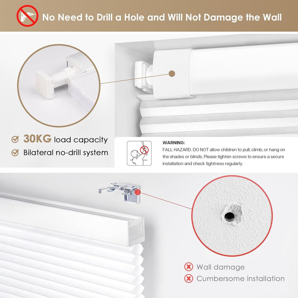 No Drill Cordless Cellular Shades, White | Blackout Fabric Protects Privacy, With Thermal Insulation & Noise