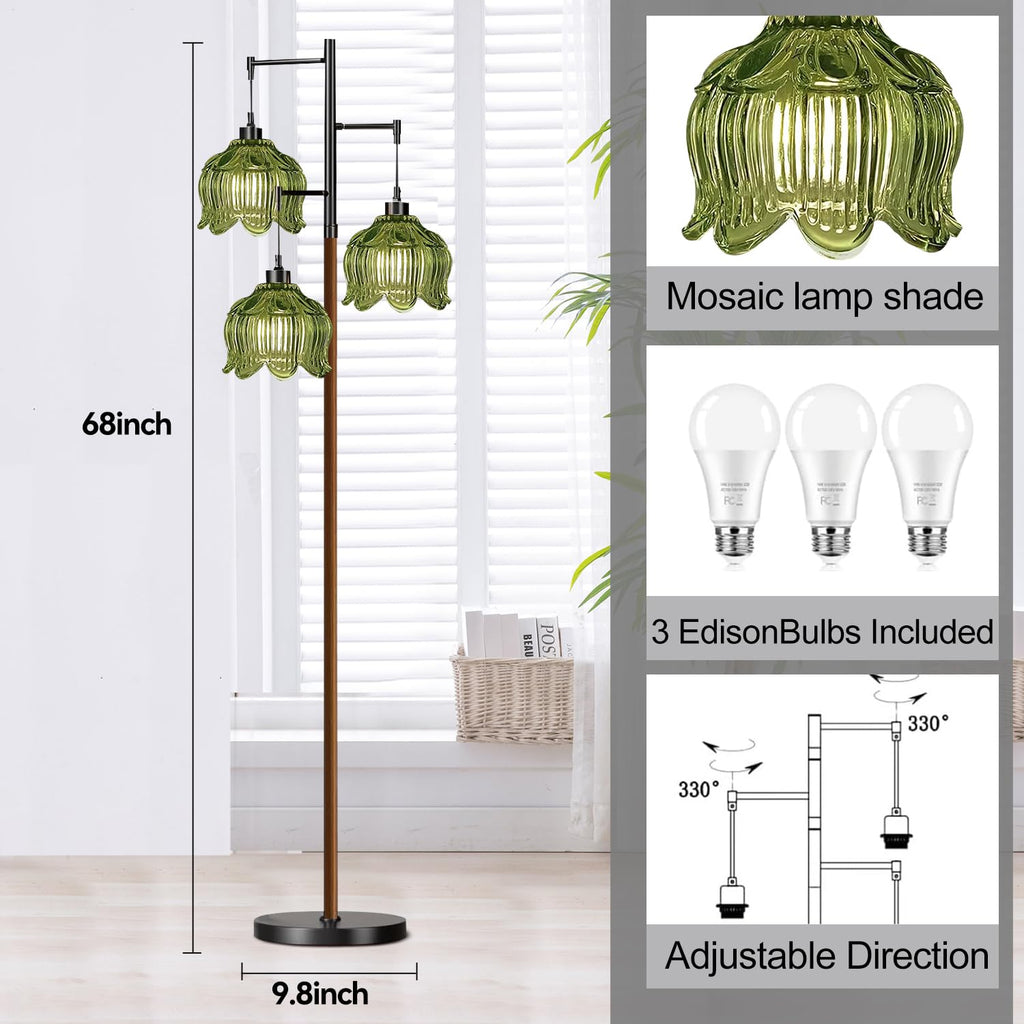 Glass Floor Lamp, Stained Green Mid Century Modern Standing Lamp Wood Tree 3 Light Tall Floor Lamps Vintage Retro