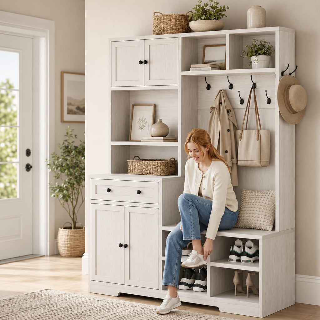 5-in-1 Hall Tree with Bench and Shoe Storage, 51" W Entryway Organizer Coat Rack, Rustic White