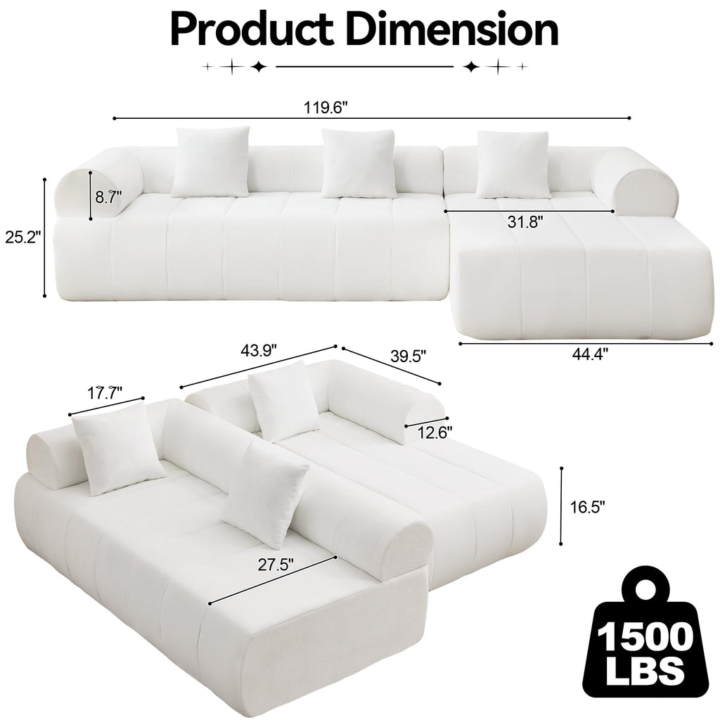 119'' Curved Boneless, 3 Seat L Shaped Couch White
