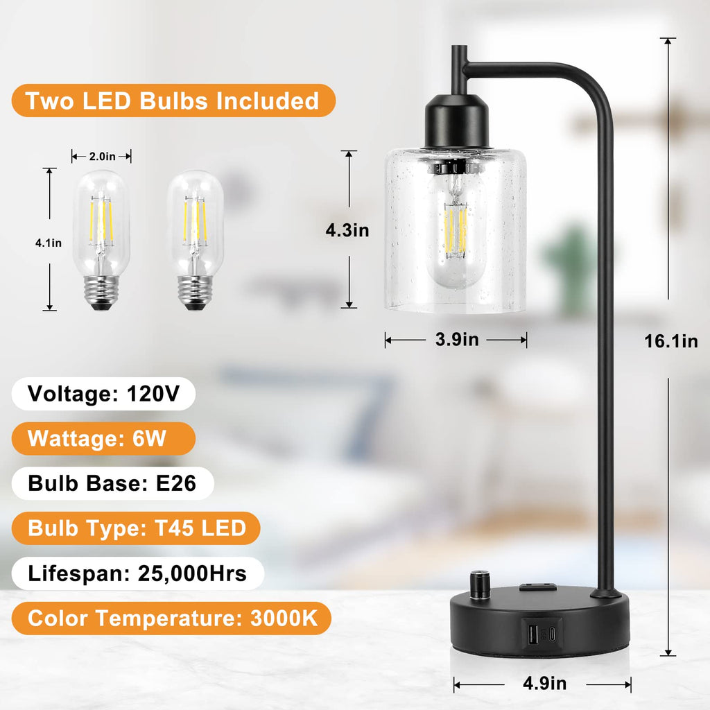 Industrial Bedside Lamps Set of 2, Fully Dimmable Desk Lamps