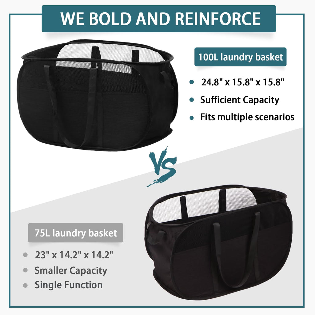 100L Collapsible Laundry Baskets, Tear Proof Pop Up Laundry Hamper with Dual Handles, Large Foldable Laundry Basket