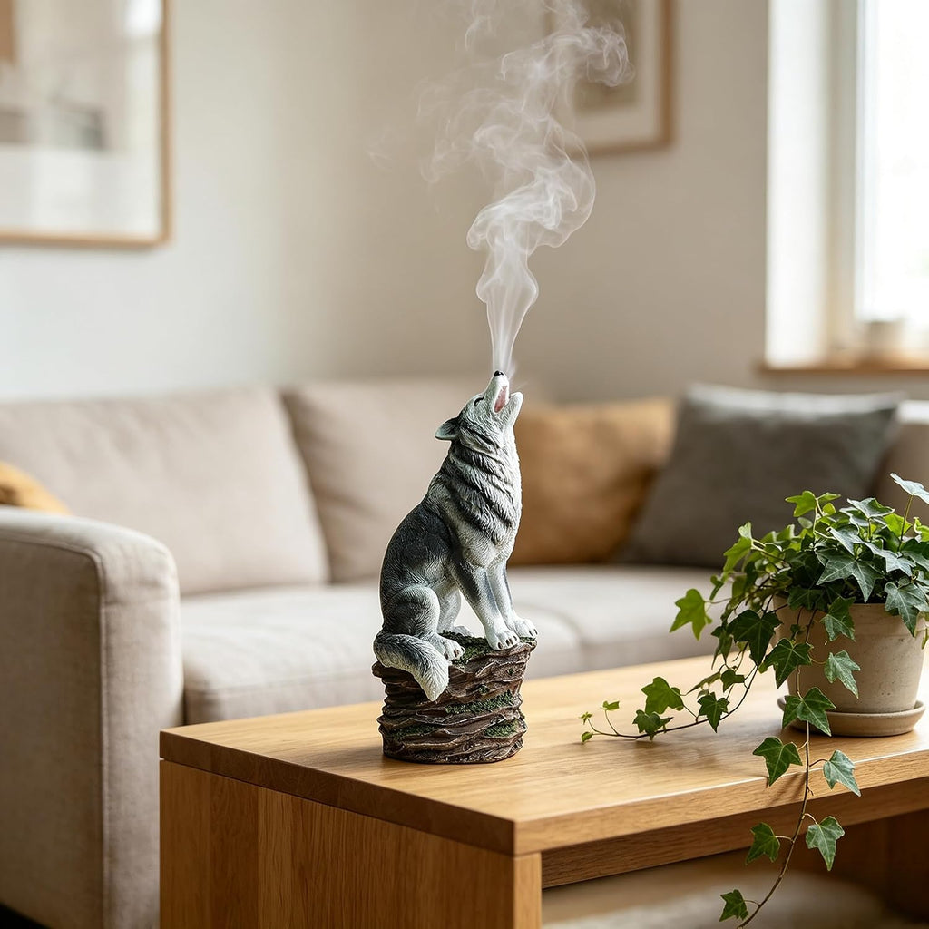 Incense Burner, Cone Incense Holder, Resin Wolf Décor 12 Inch Height, Aromatic Ambiance, Ideal Décor, Office