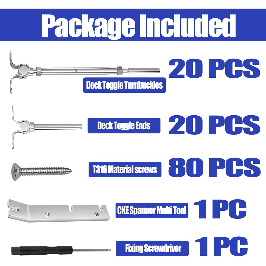 20 Pair Cable Railing Kit - 1/8" Swage Toggle Turnbuckle Hardware - T316 Stainless Steel - Adjustable 180 Stairs Deck