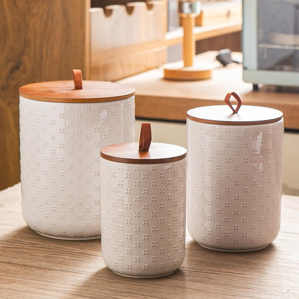 Embossed Ceramic Canister Set with Airtight Bamboo Lid - Set of 3