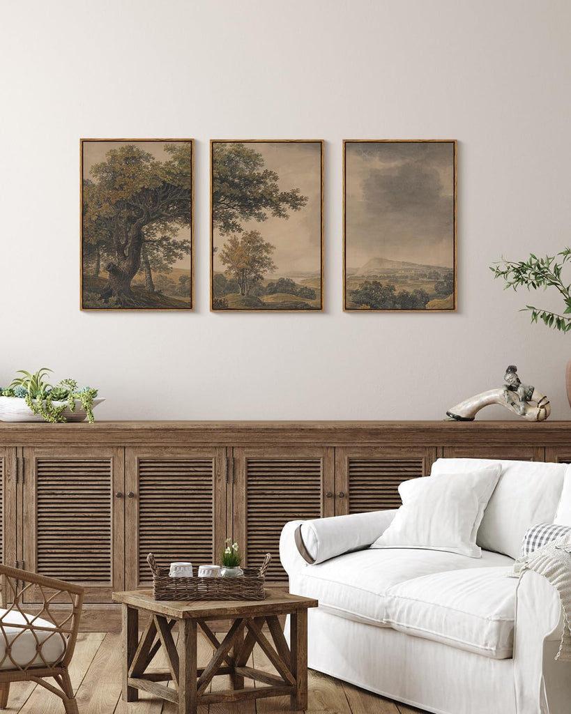 Vintage Nature Landscape Framed Canvas Wall Art Set of 3, Beige Brown 16x24 Triptych Tree Mountains Sky Scenery