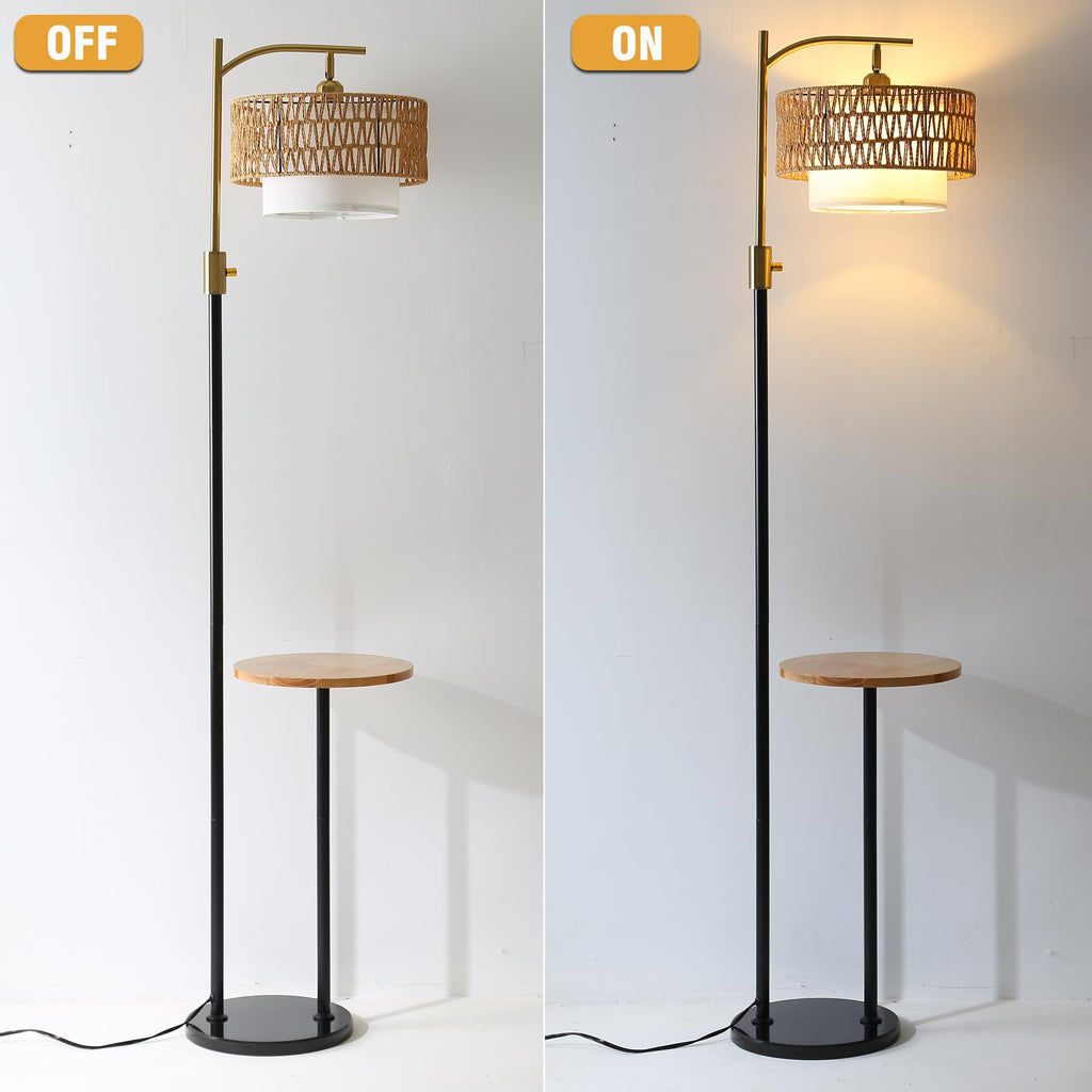 Dimmable Floor Lamp with Table and Marble Base, Arc Floor Lamp with Dimmable Bulb, Boho Farmhouse Standing lamp with