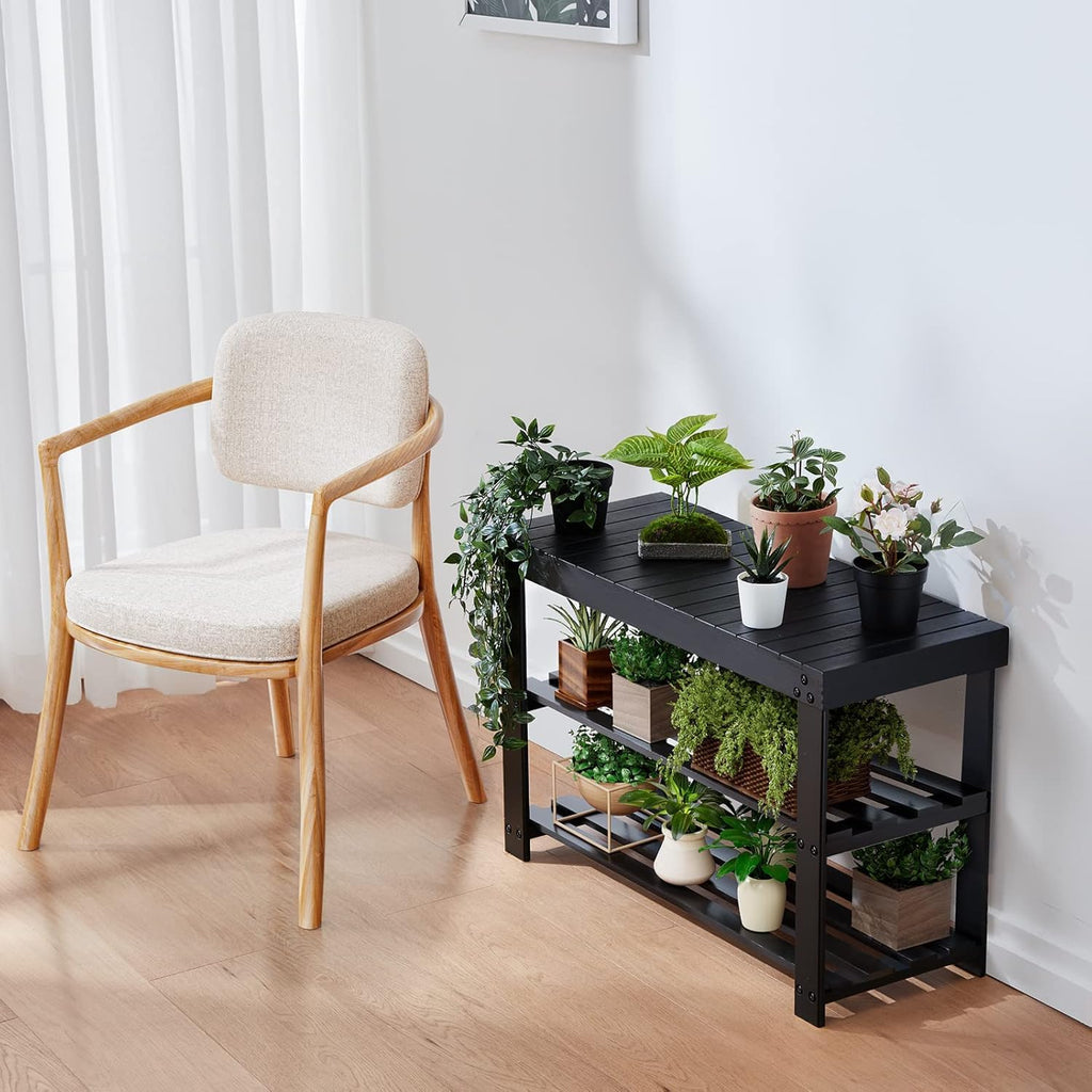 3 Tier Bamboo Shoe Rack Bench, Black
