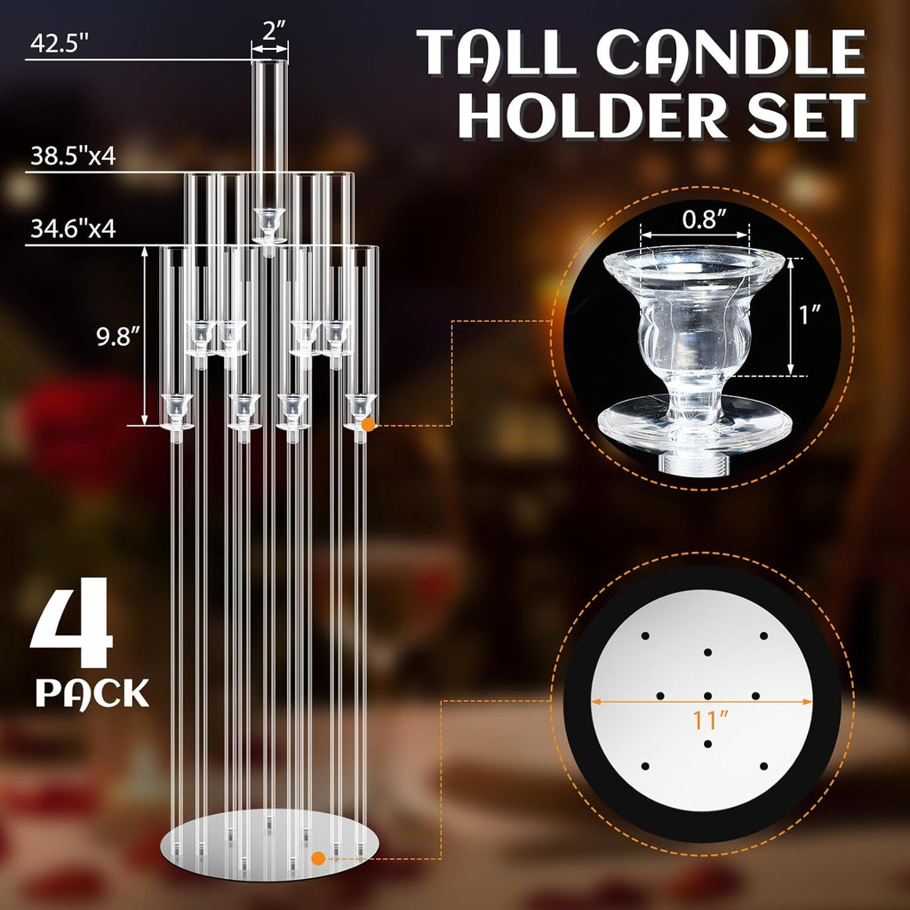 4 Pcs 9 Arm 42.5" Acrylic Candelabra Table Centerpiece Floor Candelabras Clear Candle Holder with Removable
