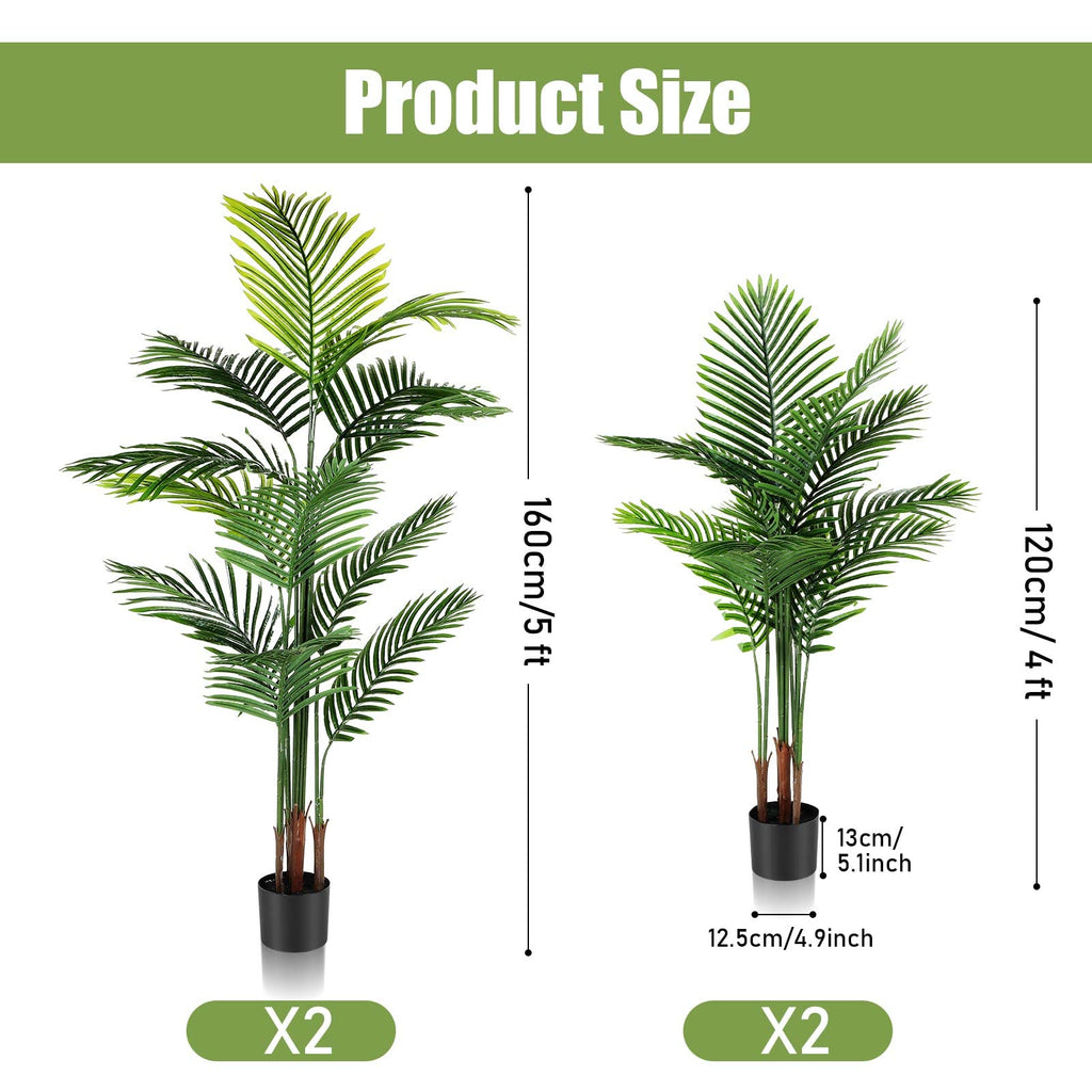 4 Pack Artificial Palm Trees 4Ft 5Ft, Fake Plants Fake Trees Artificial Areca Palm Plants for Outdoor Indoor Faux
