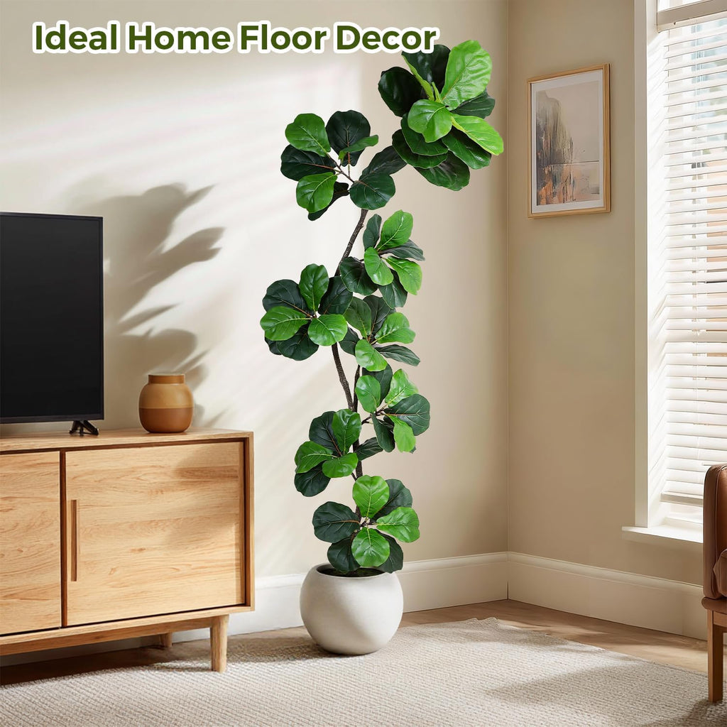 Artificial Fiddle Leaf Tree, 7ft Faux Plant Fake Ficus Lyrata Trees with White Planter & Moss, Artificial Fig Trees