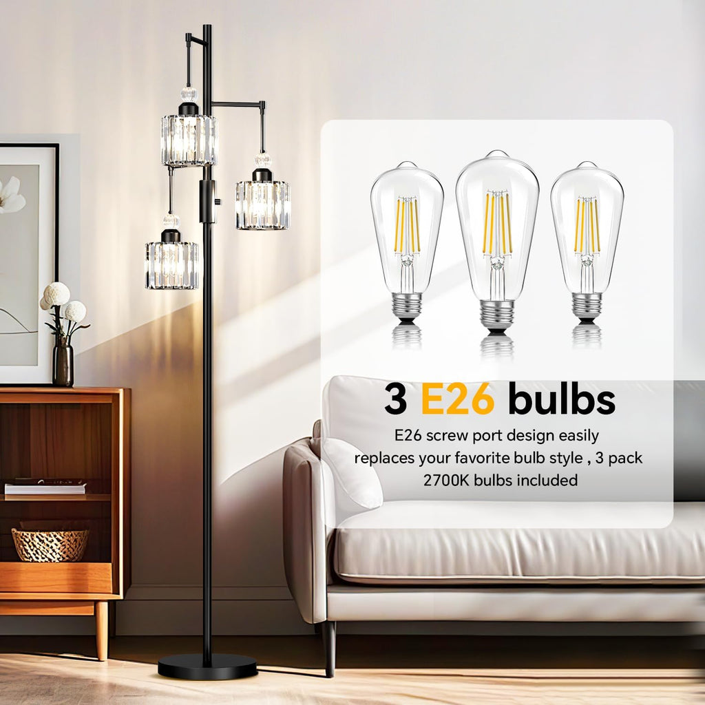 Black Tree Floor Lamp with 3 Crystal Cage Lampshades & Dimmable Bulbs - 70" Vintage Glam Standing Lamp Bedroom