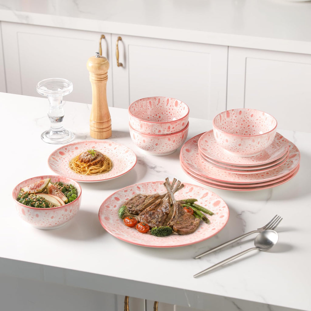 12 Pcs Speckled Glaze Ceramic Dinnerware Set for 4, Coral Pink