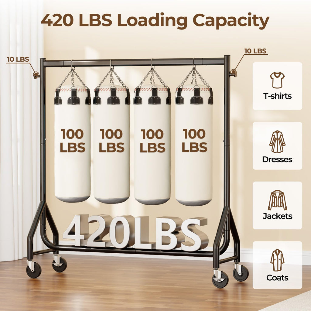 Clothes Clothing Rack, Rolling Heavy Duty Clothes Rack Load 420 LBS With Wheels, Clothes Rack for Hanging Clothes