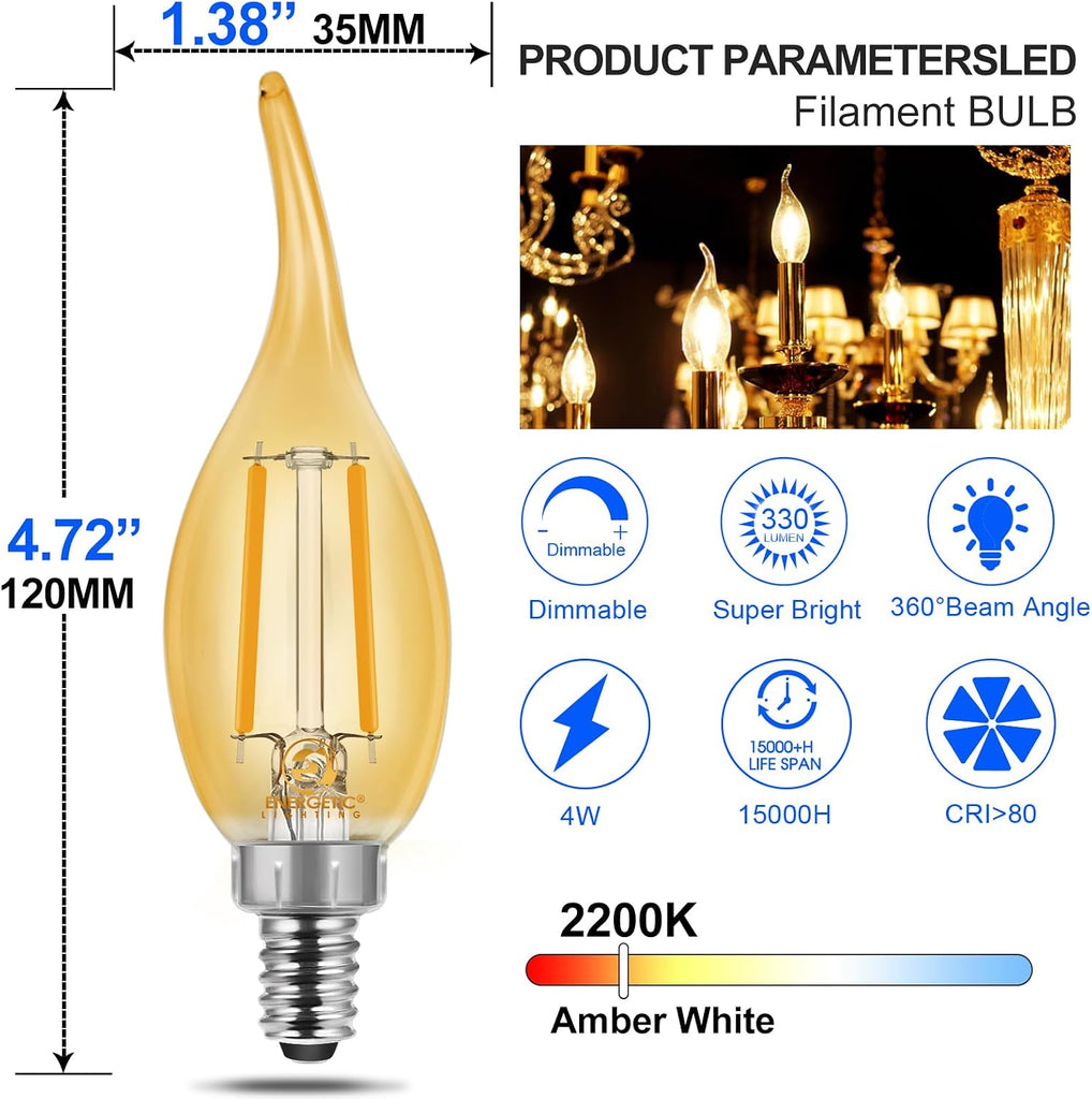 Energetic CA11 E12 LED Chandelier Light Bulbs 40W Equivalent, Dimmable LED Candelabra Bulbs, 2200K Amber White