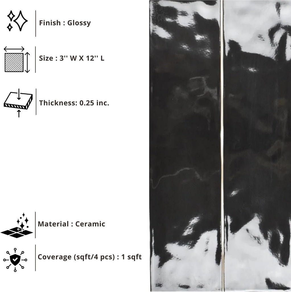 Glossy Black Ceramic Subway Tile 3x12, Handmade Look Wall Tile, Rustic Artisan Zellige Style Backsplash Bathroom