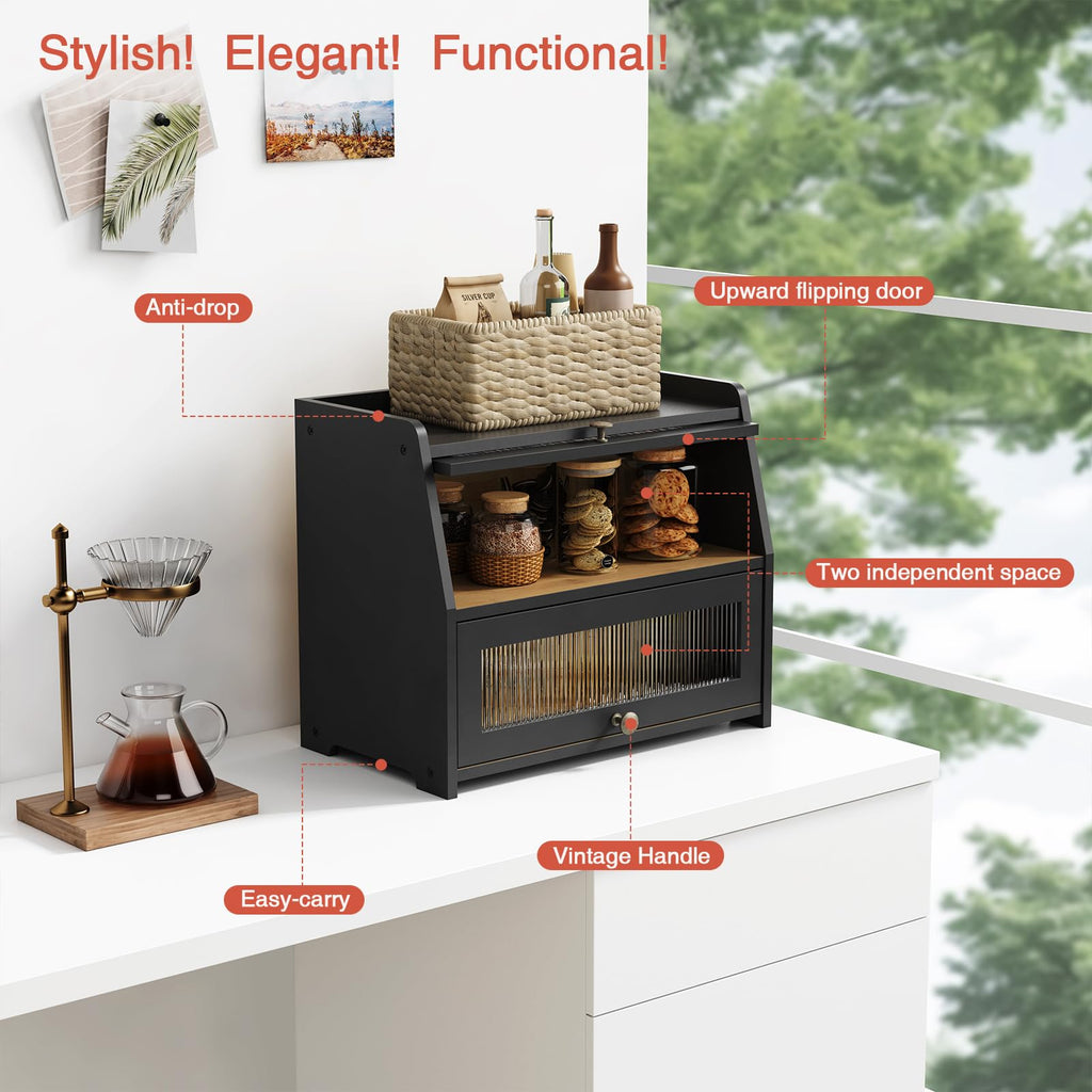 Large Countertop, Black Bread Storage Container made Bread, Double Layer Farmhouse Breadbox Organizer Counter