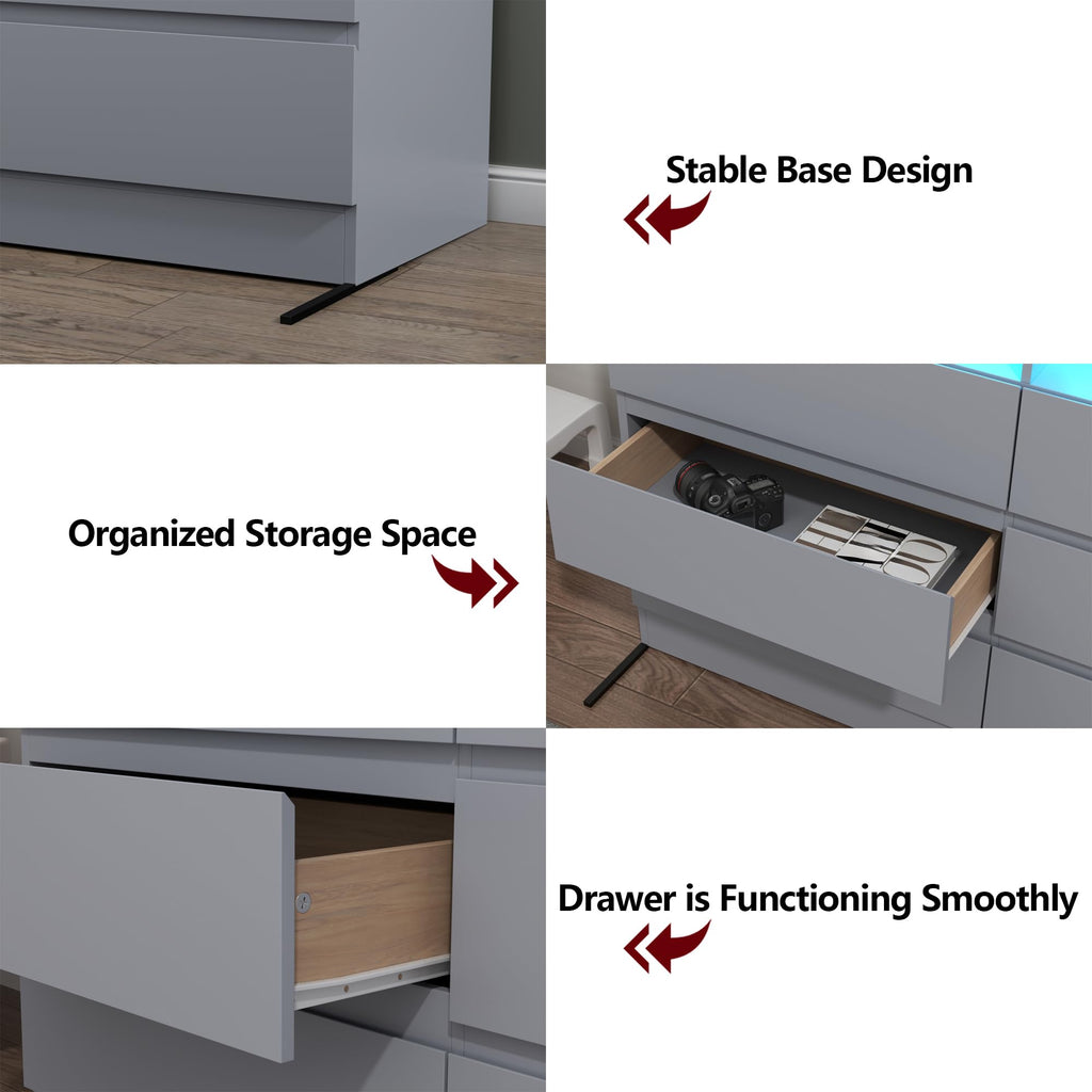 63" Grey 9-Drawer Dresser w/Power Outlet, LED Light