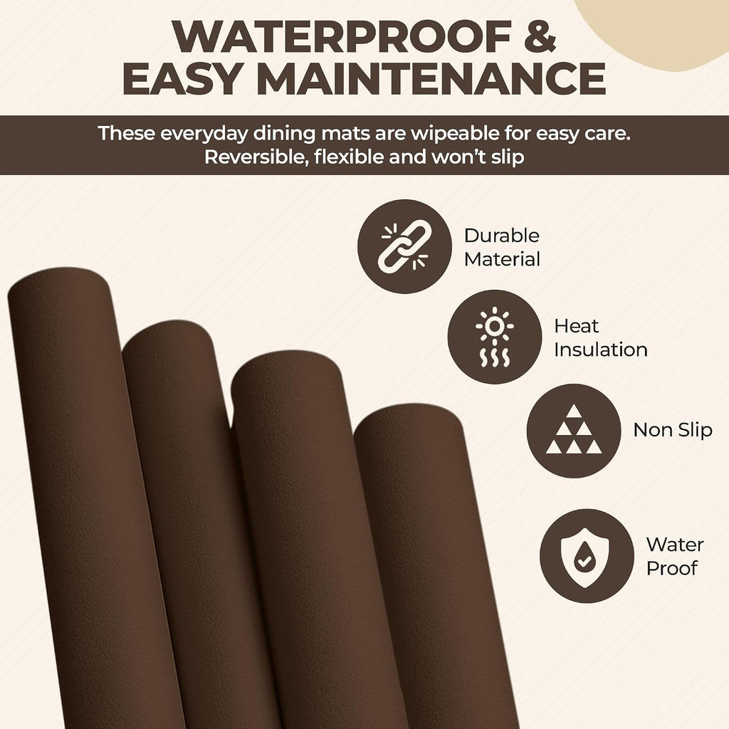 Faux Leather Placemats and Coasters Round Modern Brown Table Mats for Dining - Heat Resistant, Waterproof - Set of 4