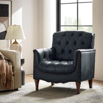 Mid Century Modern Genuine Leather Accent Chair, Navy