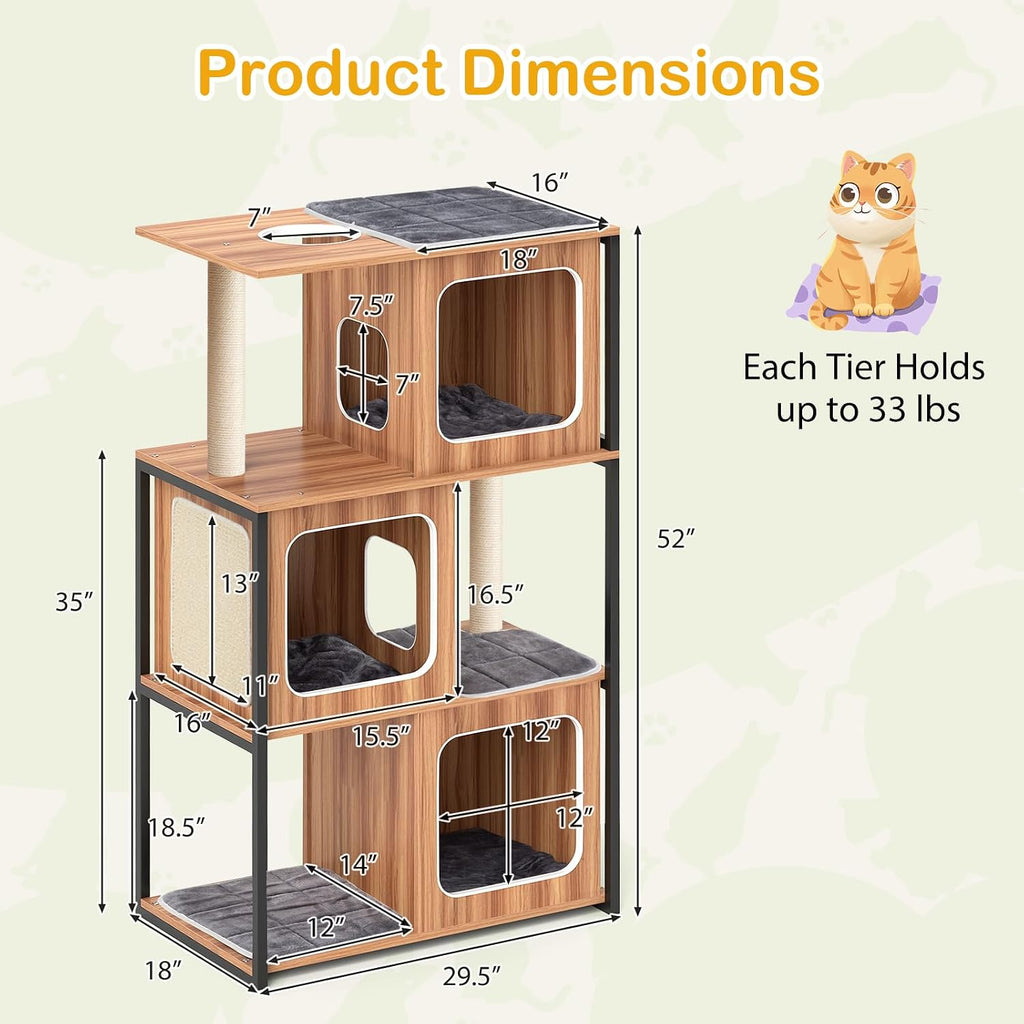 52-inch Wood Cat Tree for Indoor Cats, Multi-Level Solid Metal Framed Wooden Cat Tower with Sisal Scratching Posts