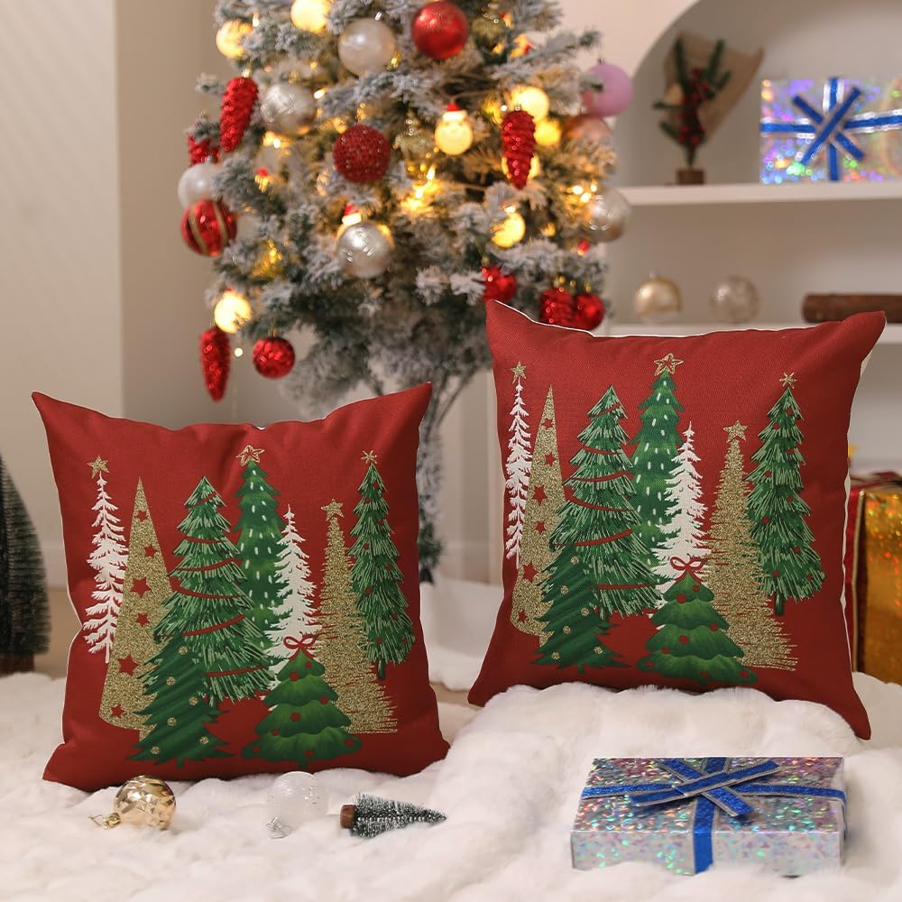 Christmas Pillow Covers 20x20 Inch Xmas Tree Decorative Red Throw Pillows Winter Christmas Decor Couch - Set of 2