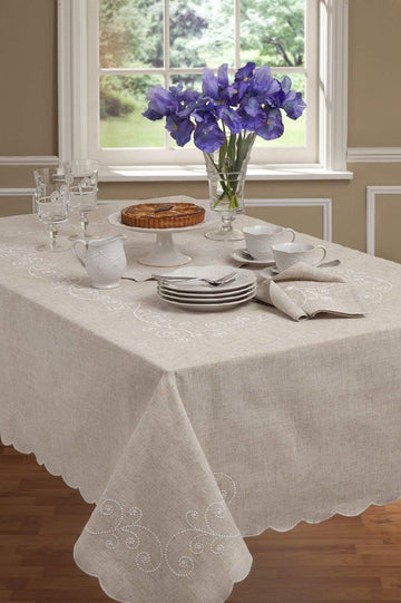 French Perle Linen Embroidered Tablecloth, Linen, 60" W x 84" L